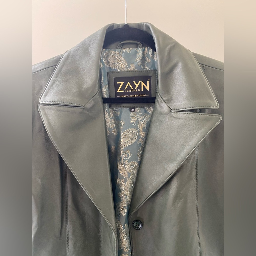 Zayn - Luxury 100% Genuine Leather Trench Coat in Army/Olive Green - Size M - Picture 4 of 12